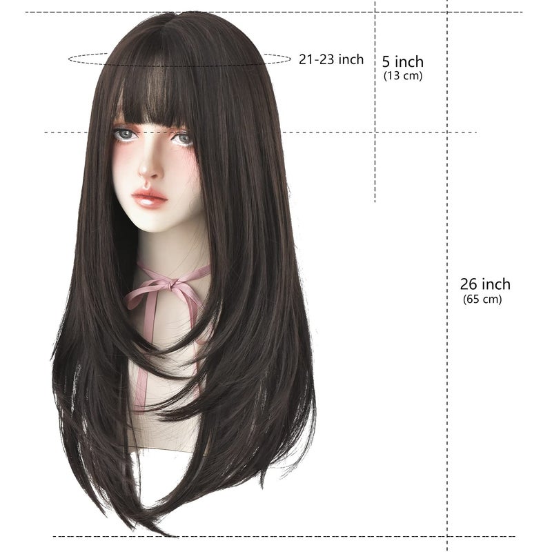 7JHH WIGS Hair Dye Wig for Women Synthetic Hair Natural Long Straight Wig With Bangs (22inch, Black tea) - Image 3