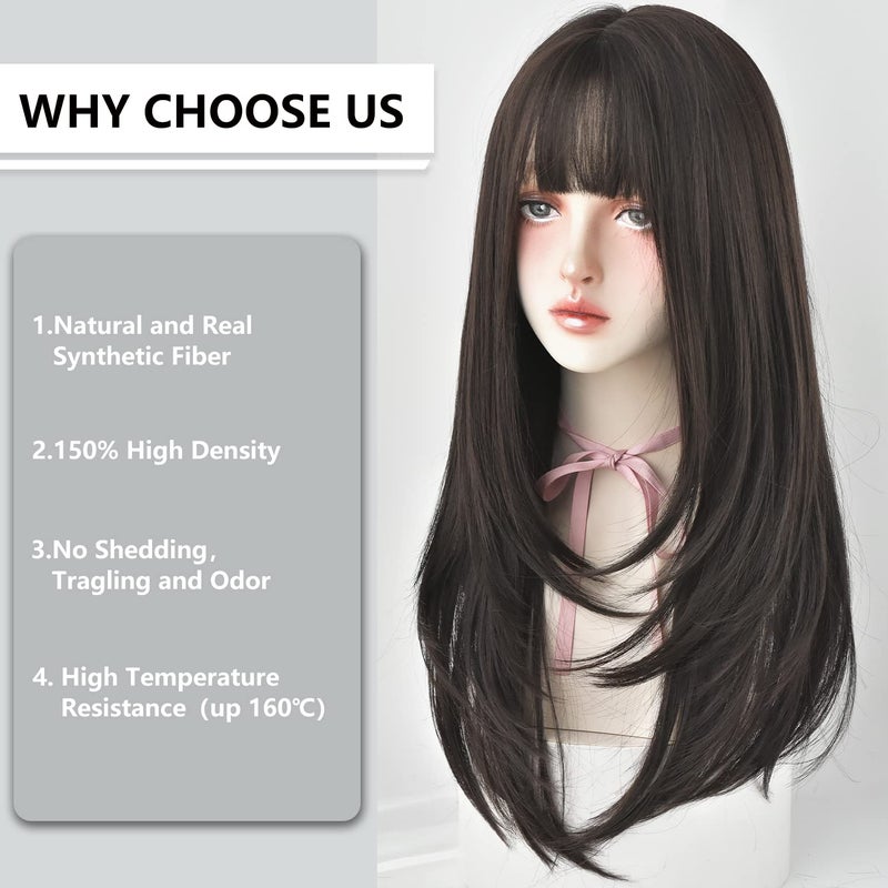 7JHH WIGS Hair Dye Wig for Women Synthetic Hair Natural Long Straight Wig With Bangs (22inch, Black tea) - Image 5