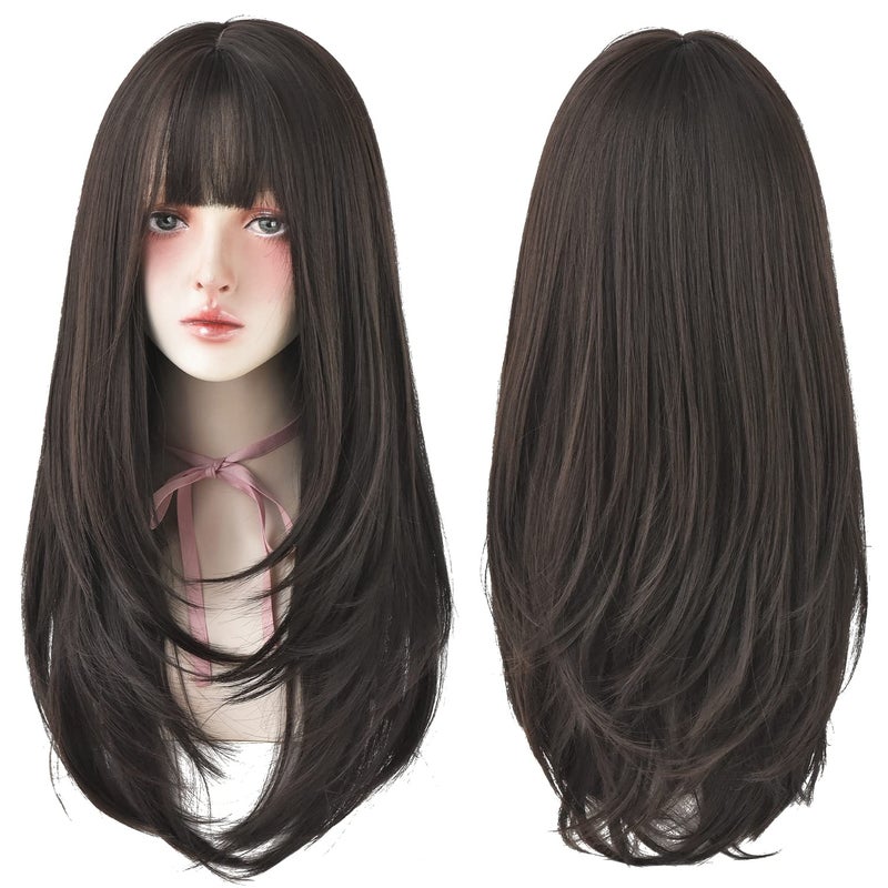 7JHH WIGS Hair Dye Wig for Women Synthetic Hair Natural Long Straight Wig With Bangs (22inch, Black tea) - Image 4