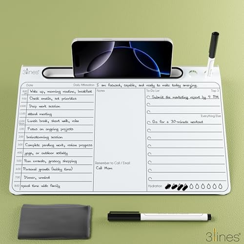 3 Lines Daily Slate | White Acrylic Writing Board for Desk | Dry Erase| with Phone & Marker Holder | Ideal for Home & Office |Includes Markers & Cleaning Cloth | Daily Planner | Large - Image 3