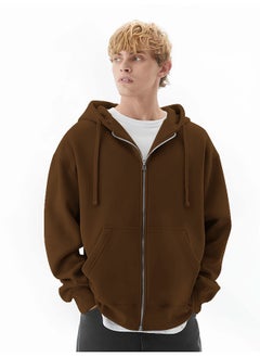Maniac Mens Solid Hooded Neck Full Sleeve Full Zipper Open Brown French Terry Loose fit Sweatshirt  - Image 1