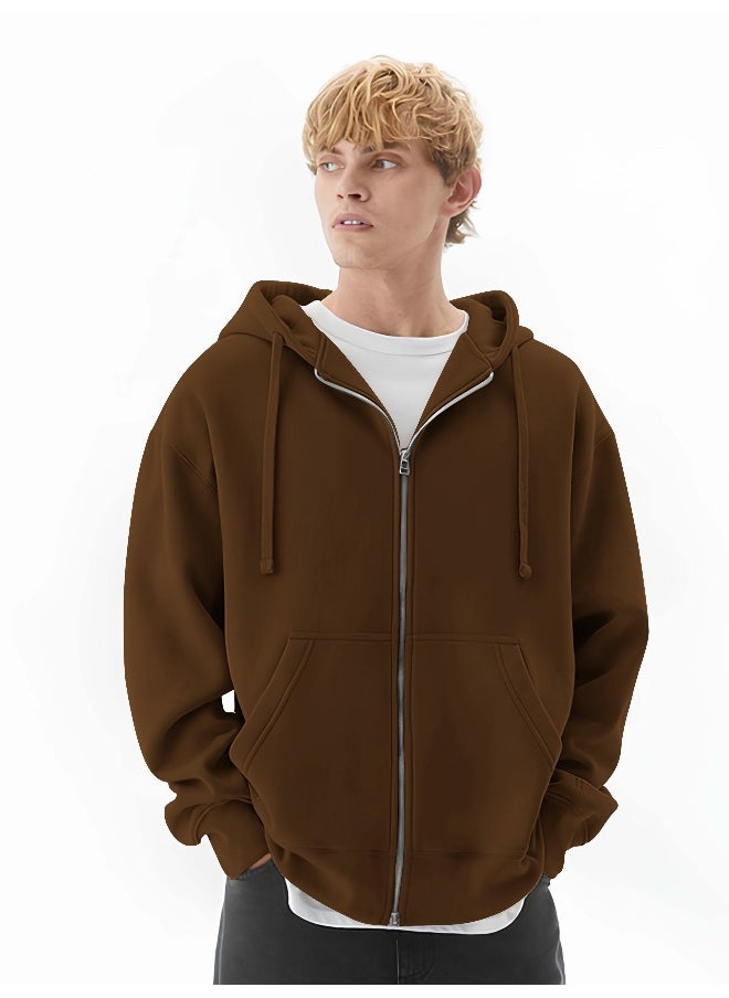 Maniac - Mens Solid Hooded Neck Full Sleeve Full Zipper Open Brown French Terry Loose fit Sweatshirt - Image 1