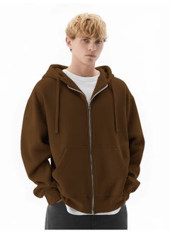 Maniac Mens Solid Hooded Neck Full Sleeve Full Zipper Open Brown French Terry Loose fit Sweatshirt  - Image 3
