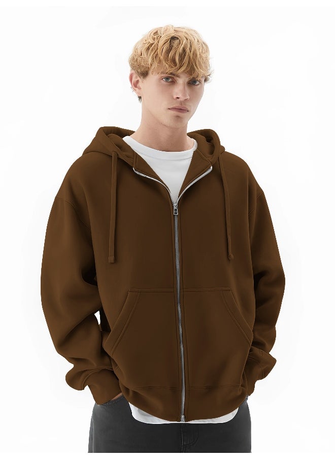 Maniac - Mens Solid Hooded Neck Full Sleeve Full Zipper Open Brown French Terry Loose fit Sweatshirt - Image 1