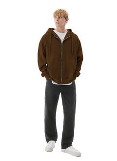 Maniac Mens Solid Hooded Neck Full Sleeve Full Zipper Open Brown French Terry Loose fit Sweatshirt  - Image 5