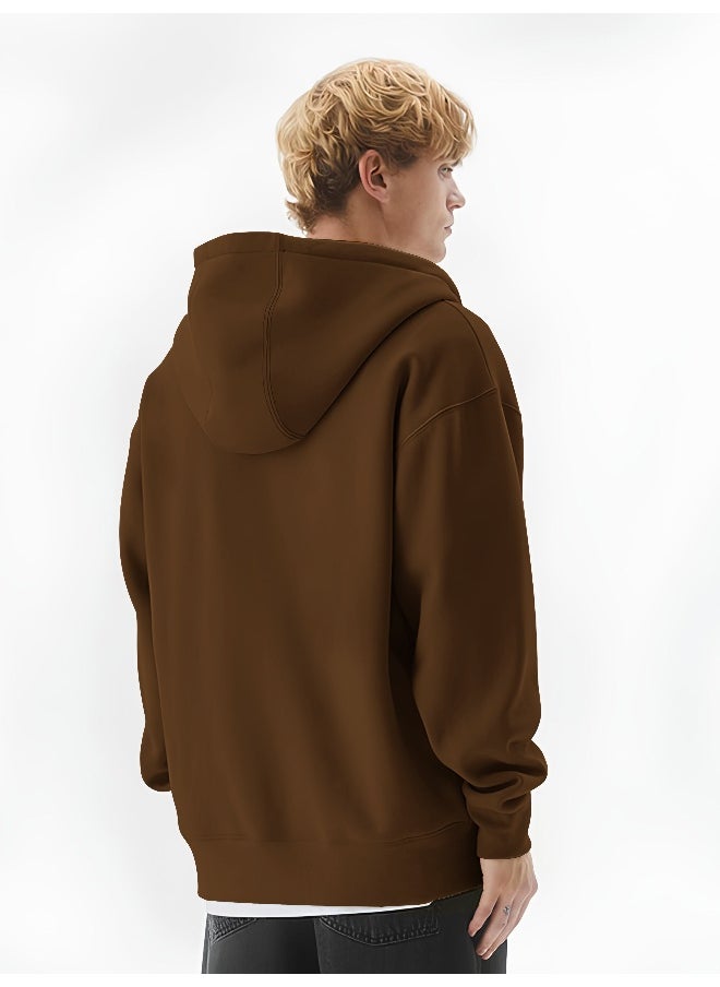 Maniac - Mens Solid Hooded Neck Full Sleeve Full Zipper Open Brown French Terry Loose fit Sweatshirt - Image 1