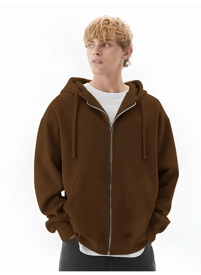 مانياك Mens Solid Hooded Neck Full Sleeve Full Zipper Open Brown French Terry Loose fit Sweatshirt