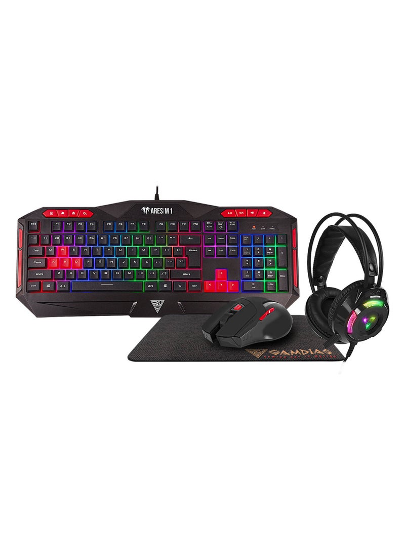 Gamdias Poseidon M2 4-in-1 Gaming Combo: Multi-color Backlit Keyboard, HD Headset, Advanced Gaming Mouse, and Double Layered Mouse Pad | Black