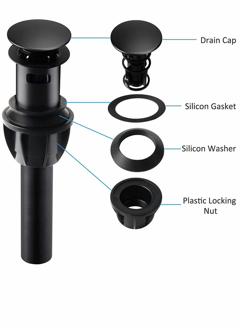 Y&D - Sink Drains, Push and Seal Pop Up Drain Stopper with Overflow for Bathroom Faucet Vessel Vanity, Matte Black 2 Pack - Image 1