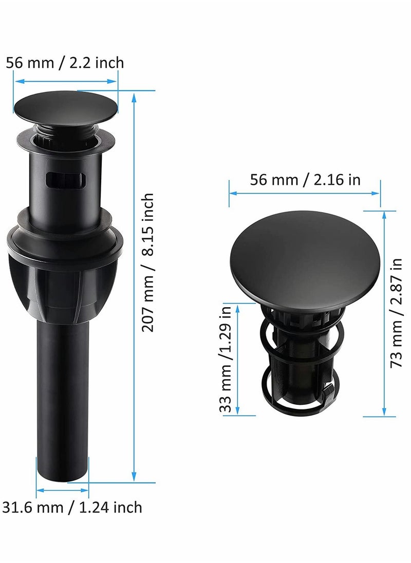 Y&D - Sink Drains, Push and Seal Pop Up Drain Stopper with Overflow for Bathroom Faucet Vessel Vanity, Matte Black 2 Pack - Image 1
