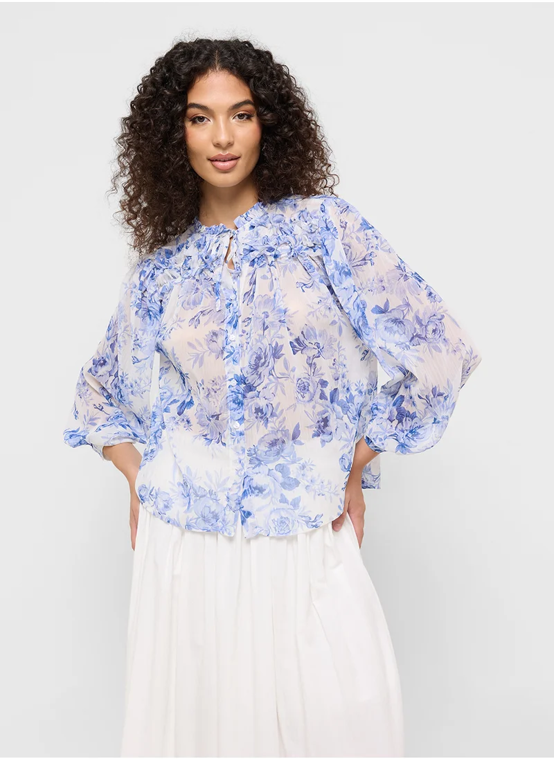 Ginger Floral Print Ruffle Neck Blouse