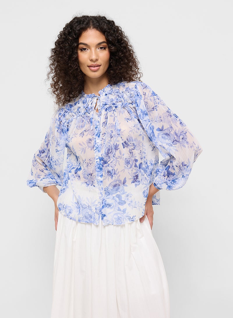 Ginger Floral Print Ruffle Neck Blouse - Image 1