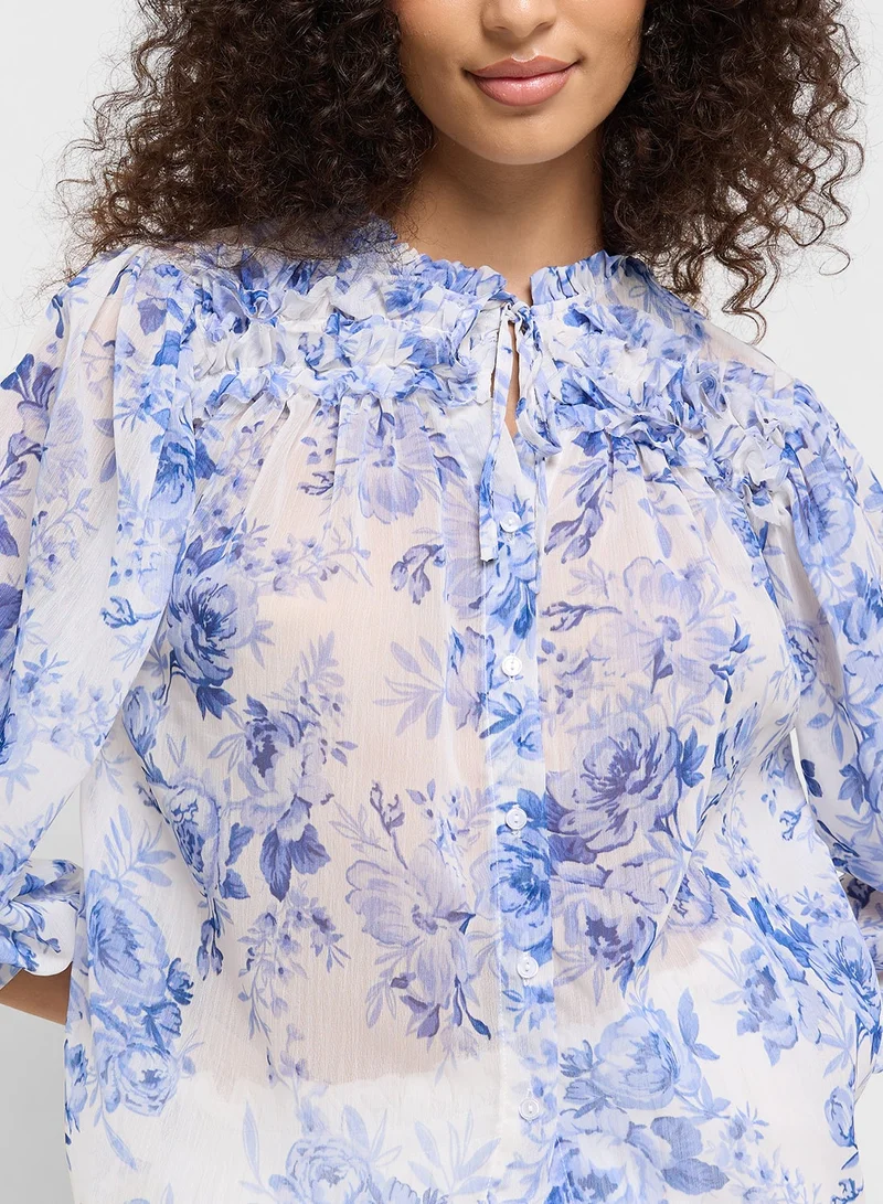 Ginger Floral Print Ruffle Neck Blouse