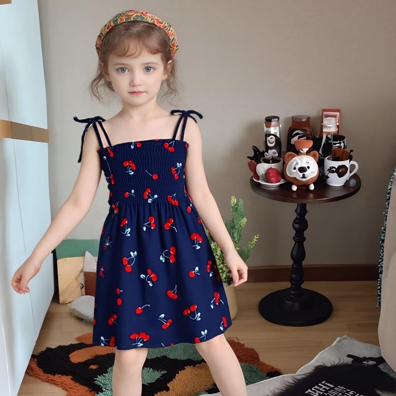 Kumrabal Girls Dresses, Toddler Dress, Little Toddler Girls' Flower Summer Sleeveless Straps Navy Blue with Cherry Printed Princess Dresses,Backless Cute Holiday Beach Sundress for Kids,Size 130 - Image 3