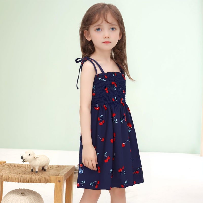 Kumrabal Girls Dresses, Toddler Dress, Little Toddler Girls' Flower Summer Sleeveless Straps Navy Blue with Cherry Printed Princess Dresses,Backless Cute Holiday Beach Sundress for Kids,Size 130 - Image 5