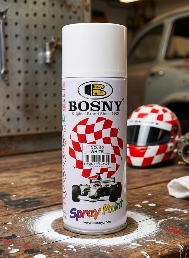 BOSNY No.40 WHITE Spray Paint – Quick Dry High Gloss Multi-Surface Aerosol Paint for Metal, Wood, Wall & Glass – Long Lasting Durable Finish - Image 1