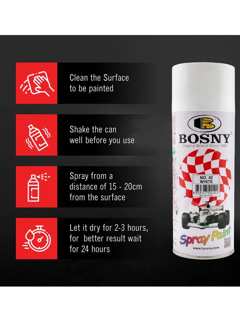 BOSNY No.40 WHITE Spray Paint – Quick Dry High Gloss Multi-Surface Aerosol Paint for Metal, Wood, Wall & Glass – Long Lasting Durable Finish - Image 2