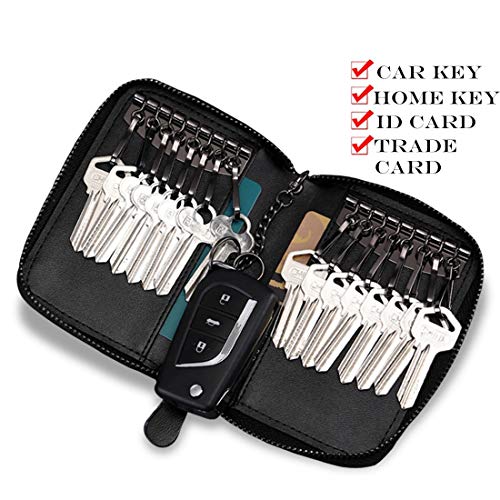 BAKUN Large Zipper Leather Car Key Case, Key Holder Key Organizer Wallet, With 16 Hooks(Black) - Image 4