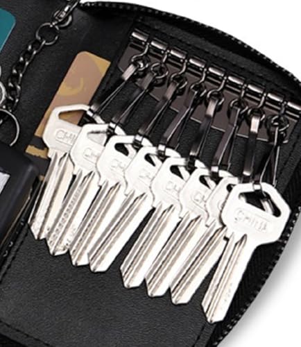 BAKUN Large Zipper Leather Car Key Case, Key Holder Key Organizer Wallet, With 16 Hooks(Black) - Image 2