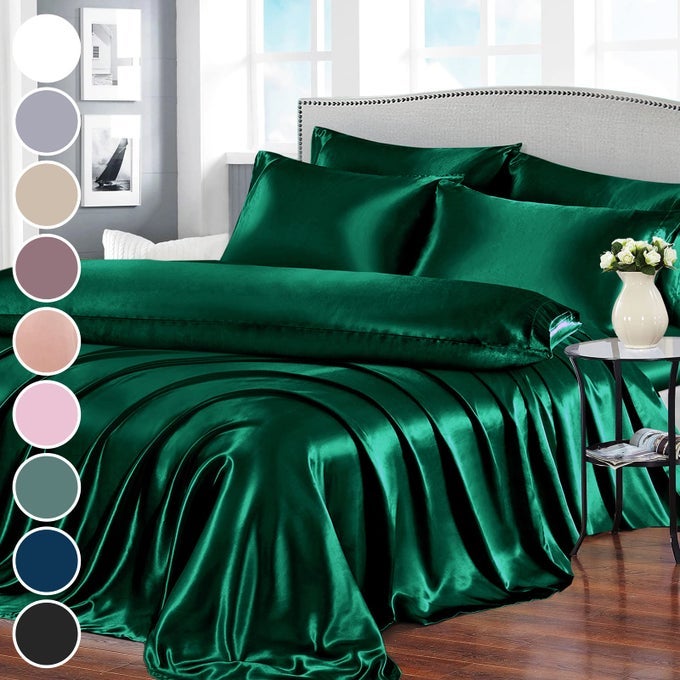 7PCS SATIN SHEETS QUEEN SIZE BED SET BLACKISH GREEN LUXURY SILKY SATIN BEDDING 1 DEEP POCKET FITTED SHEET 1 SOFT FLAT SHEET 4 PILLOWCASES 1 BODY PILLOWCASE