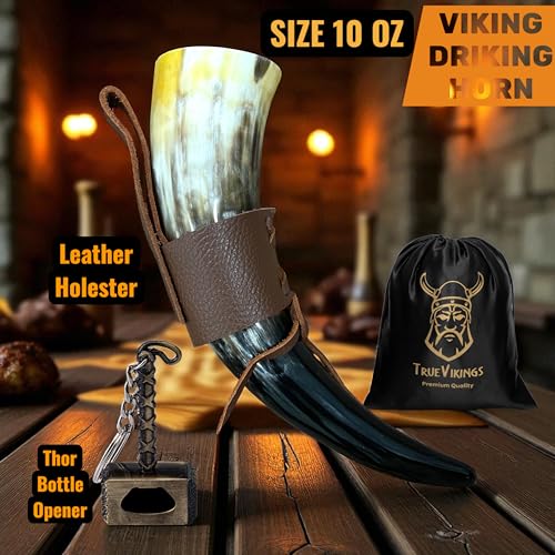 TRUE VIKING Drinking Horn 1012 Inch Viking Gifts for Men Women With Thor Bottle Opener Stand Handmade Real Ox Horns Norse Viking Cup Perfect For Beer Ale Mead 12 Oz Natural Polished - Image 3