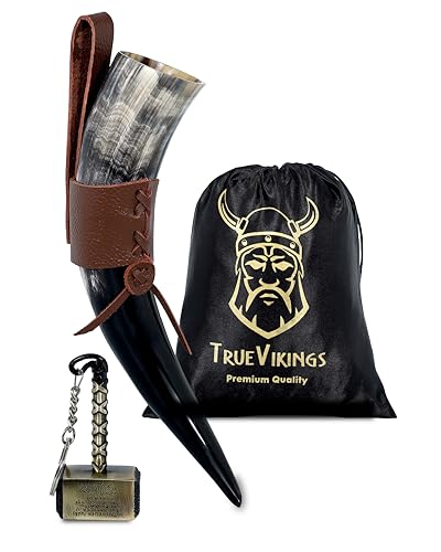 TRUE VIKING Drinking Horn 1012 Inch Viking Gifts for Men Women With Thor Bottle Opener Stand Handmade Real Ox Horns Norse Viking Cup Perfect For Beer Ale Mead 12 Oz Natural Polished - Image 1