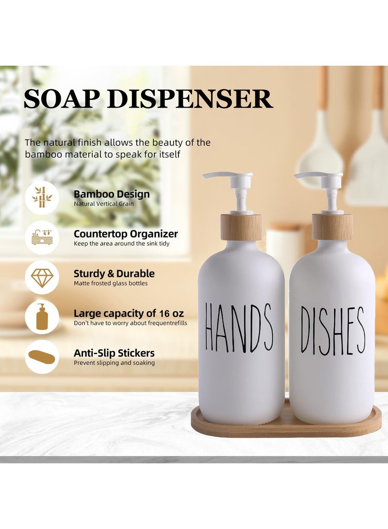 ZERIFAM Glass Soap Dispenser Set, 2 Pack 500ml Hand and Dish Soap Dispenser Set with Bamboo Tray, Bottle Dispenser for Bathroom and Kitchen Farmhouse Decor, Rustic Kitchen Decor(Black & White)  - Image 2
