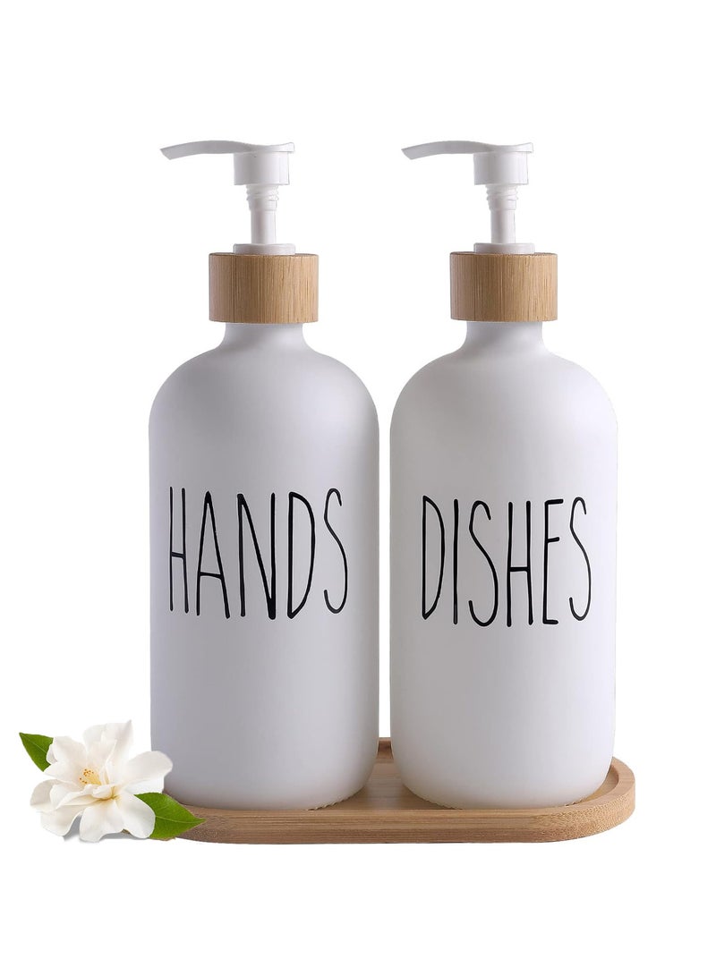 ZERIFAM Glass Soap Dispenser Set, 2 Pack 500ml Hand and Dish Soap Dispenser Set with Bamboo Tray, Bottle Dispenser for Bathroom and Kitchen Farmhouse Decor, Rustic Kitchen Decor(Black & White)  - Image 1