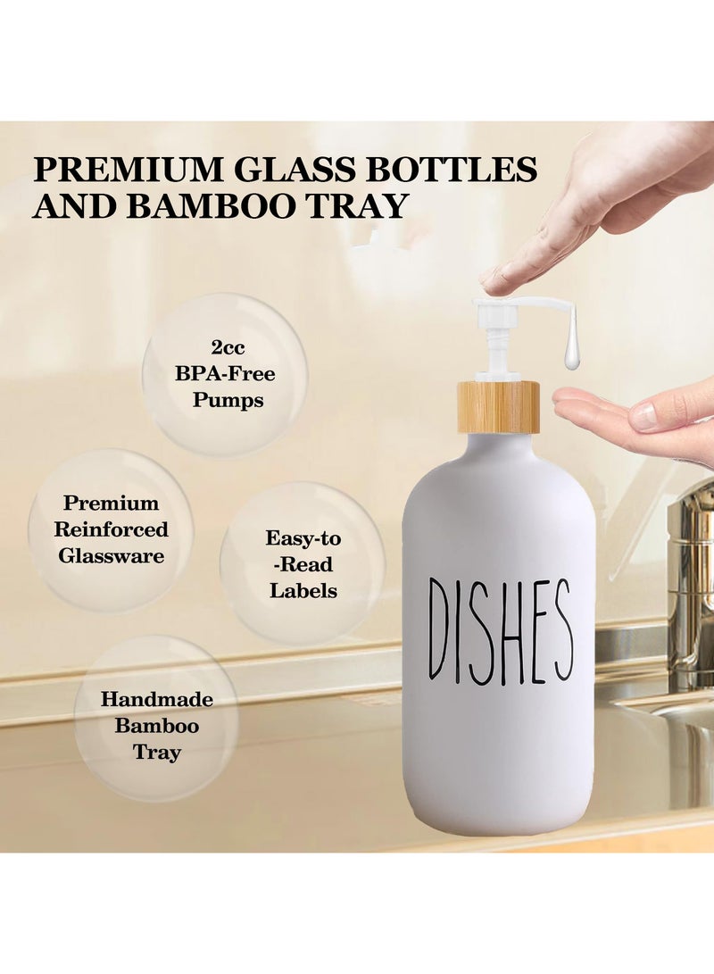 ZERIFAM Glass Soap Dispenser Set, 2 Pack 500ml Hand and Dish Soap Dispenser Set with Bamboo Tray, Bottle Dispenser for Bathroom and Kitchen Farmhouse Decor, Rustic Kitchen Decor(Black & White)  - Image 3
