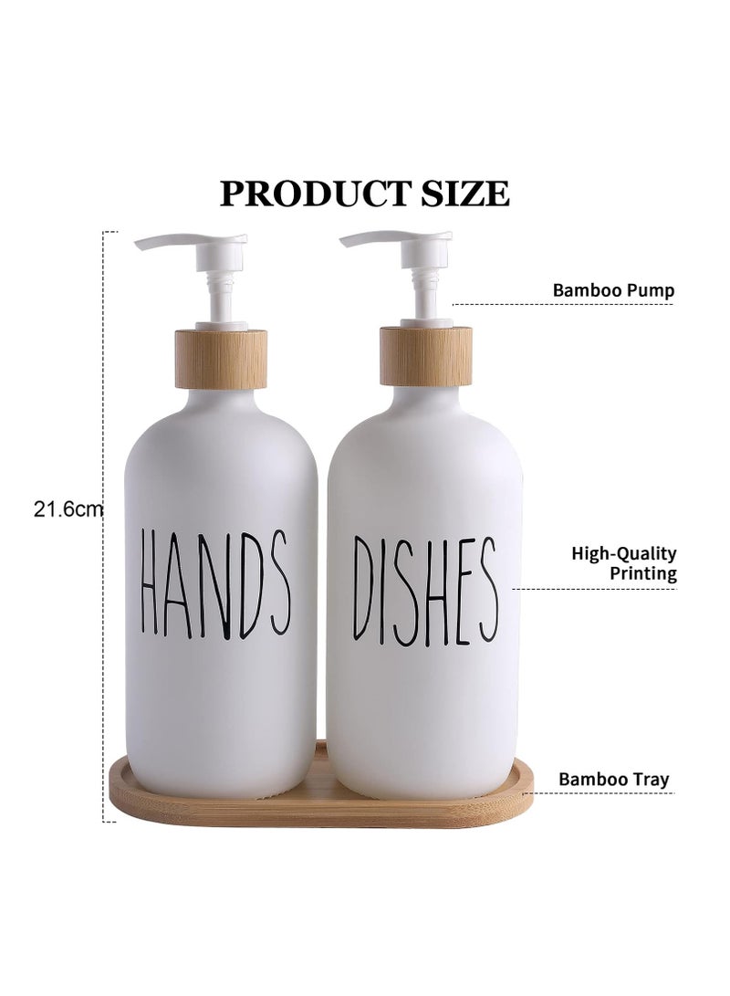 ZERIFAM Glass Soap Dispenser Set, 2 Pack 500ml Hand and Dish Soap Dispenser Set with Bamboo Tray, Bottle Dispenser for Bathroom and Kitchen Farmhouse Decor, Rustic Kitchen Decor(Black & White)  - Image 5