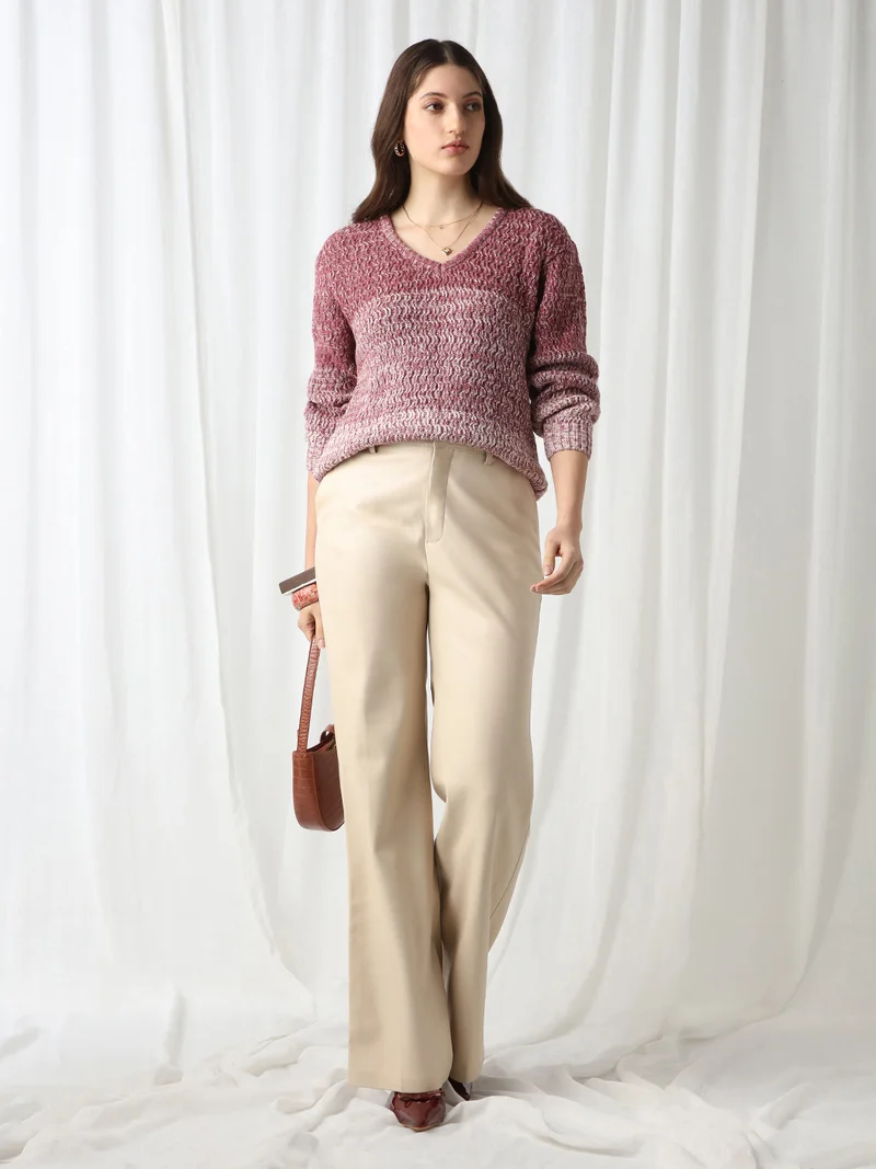 globus Globus Women Pink Ombre Self Design V-Neck Acrylic Pullover Sweater