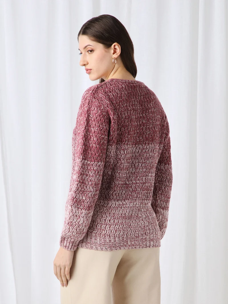 globus Globus Women Pink Ombre Self Design V-Neck Acrylic Pullover Sweater