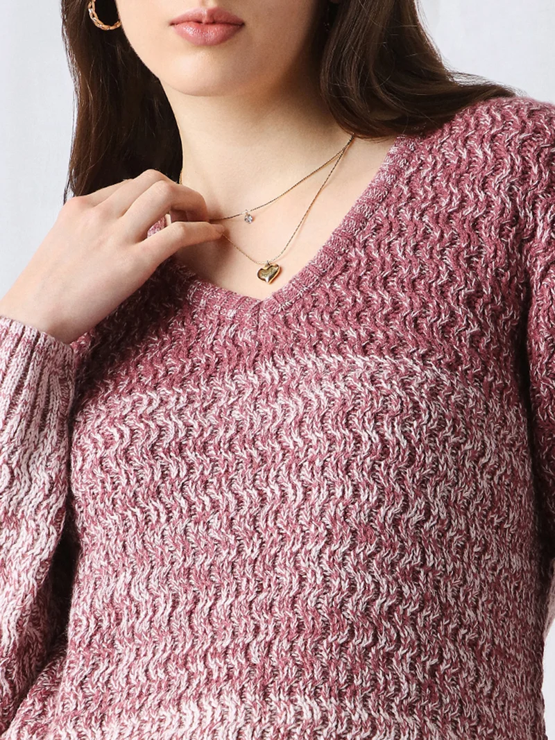 globus Globus Women Pink Ombre Self Design V-Neck Acrylic Pullover Sweater