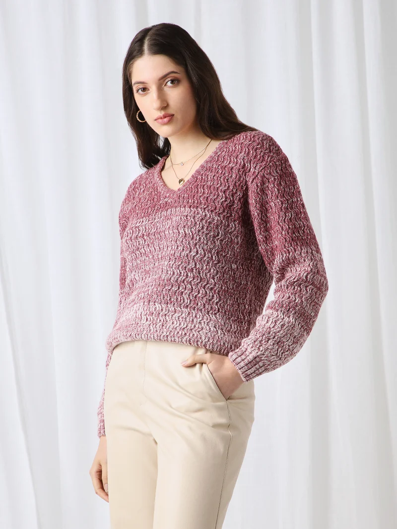 globus Globus Women Pink Ombre Self Design V-Neck Acrylic Pullover Sweater