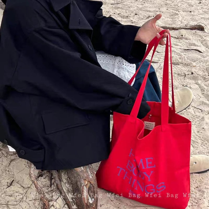 Korean Ins Style Red Canvas Crossbody Bag Large Capacity Shoulder Bag - Image 4