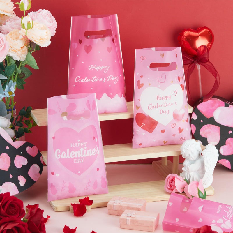 Gilprop 48 Pcs Galentines Day Gift Bags Pink Heart Plastic Treat Goodie Bags Bulk with Handle Valentine's Day Party Favors for Women Galentines Party Supplies Exchange Gifts Boutique - Image 5