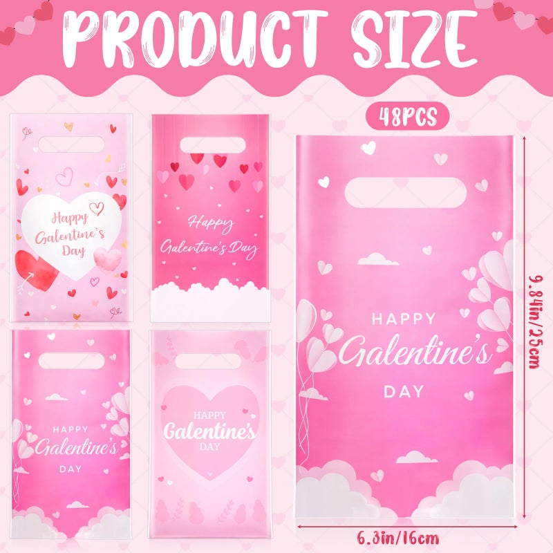 Gilprop 48 Pcs Galentines Day Gift Bags Pink Heart Plastic Treat Goodie Bags Bulk with Handle Valentine's Day Party Favors for Women Galentines Party Supplies Exchange Gifts Boutique - Image 3
