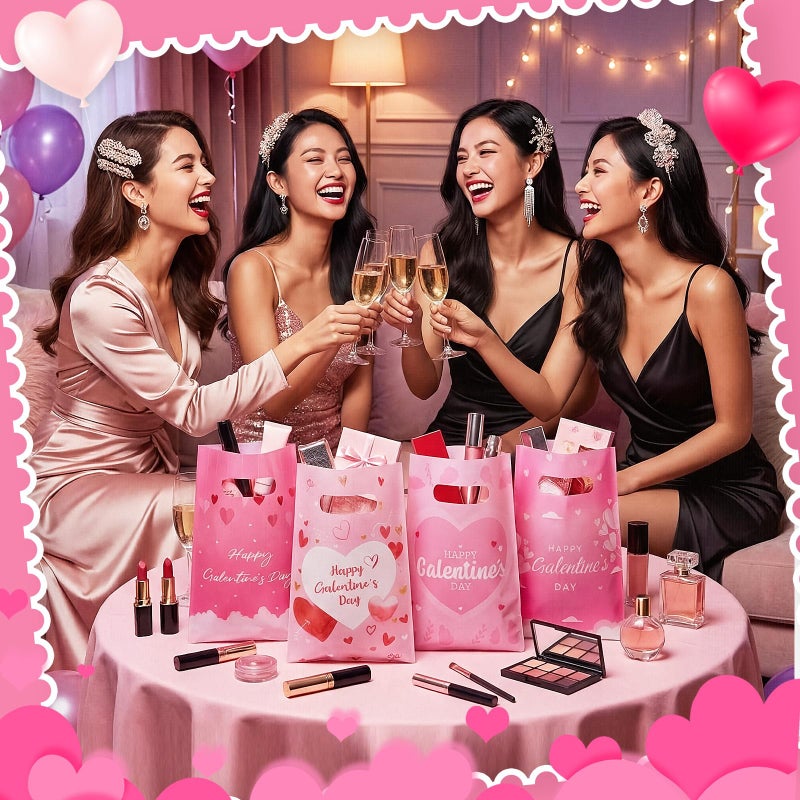 Gilprop 48 Pcs Galentines Day Gift Bags Pink Heart Plastic Treat Goodie Bags Bulk with Handle Valentine's Day Party Favors for Women Galentines Party Supplies Exchange Gifts Boutique - Image 2