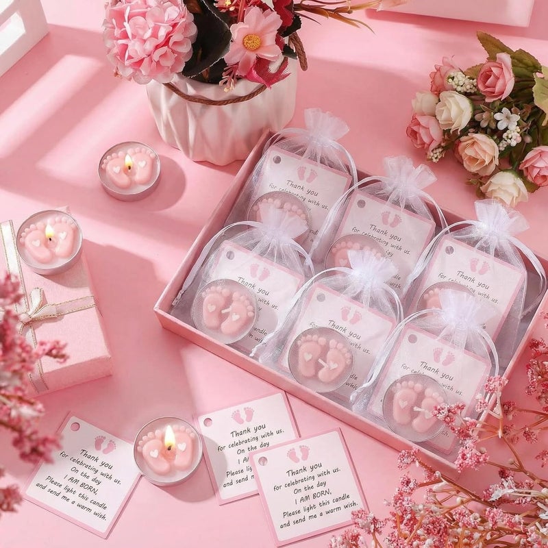 Treela 20 Sets Baby Shower Party Favors Tea Lights Candles for Guests Cute Baby Feet Shaped Burning Thank You Tags Return Gifts for Baby Shower(Pink) - Image 4