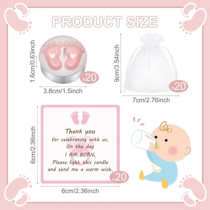 Treela 20 Sets Baby Shower Party Favors Tea Lights Candles for Guests Cute Baby Feet Shaped Burning Thank You Tags Return Gifts for Baby Shower(Pink) - Image 2