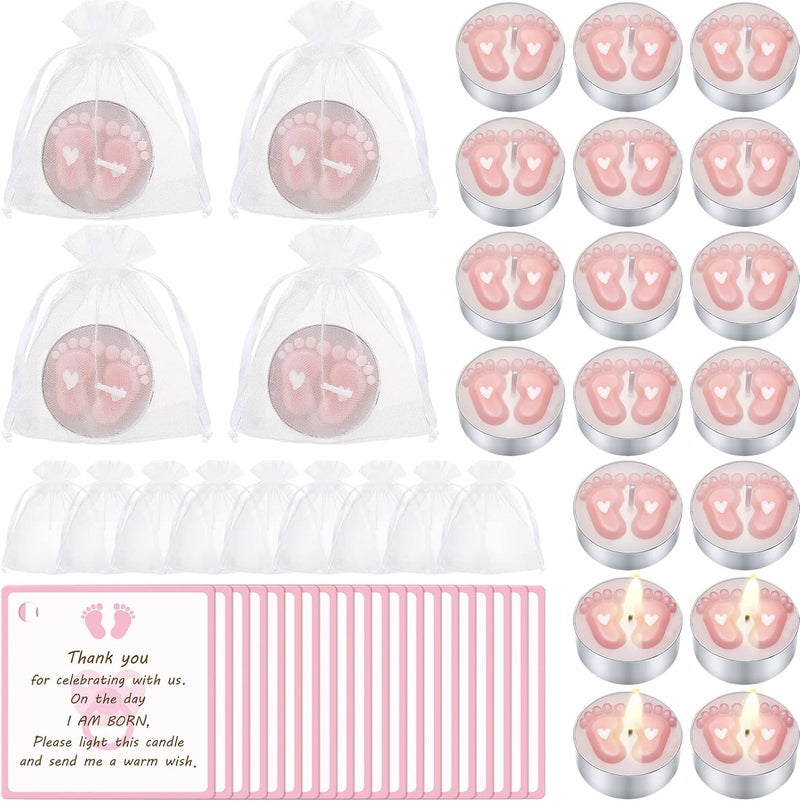 Treela 20 Sets Baby Shower Party Favors Tea Lights Candles for Guests Cute Baby Feet Shaped Burning Thank You Tags Return Gifts for Baby Shower(Pink) - Image 1