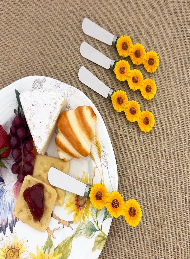 سوبريم هاوس ويرز ملاعق فرد الجبن على شكل زهرة دوار الشمس من سوبريم هاوسويرز، بمقابض راتنجية مطلية يدويًا وشفرات من الفولاذ المقاوم للصدأ لفرد الجبن الكريمي أو الزبدة أو المربى أو الساندويتش، طقم من 4 قطع - Image 3