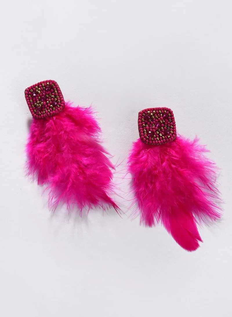 SOHI Pink Feather Shaped Artificial Drop Earring Jewellery