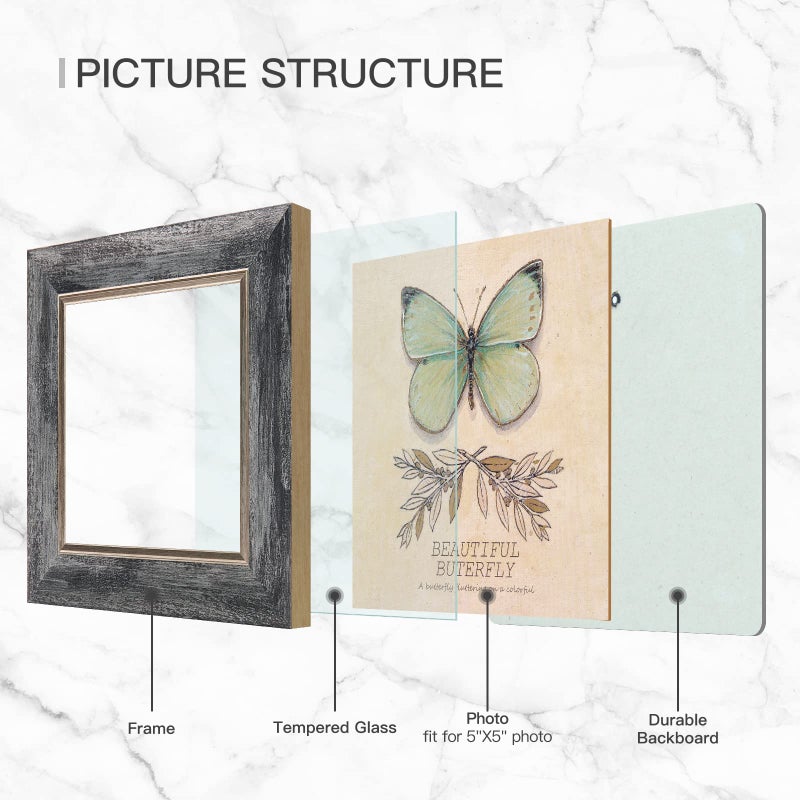 XUANLUO 5x5 Picture Frames Set of 4 Rustic Retro Photo Frame with Tempered Glass Wall Mount and Tabletop Display Family Friends Wedding Gift - Image 3