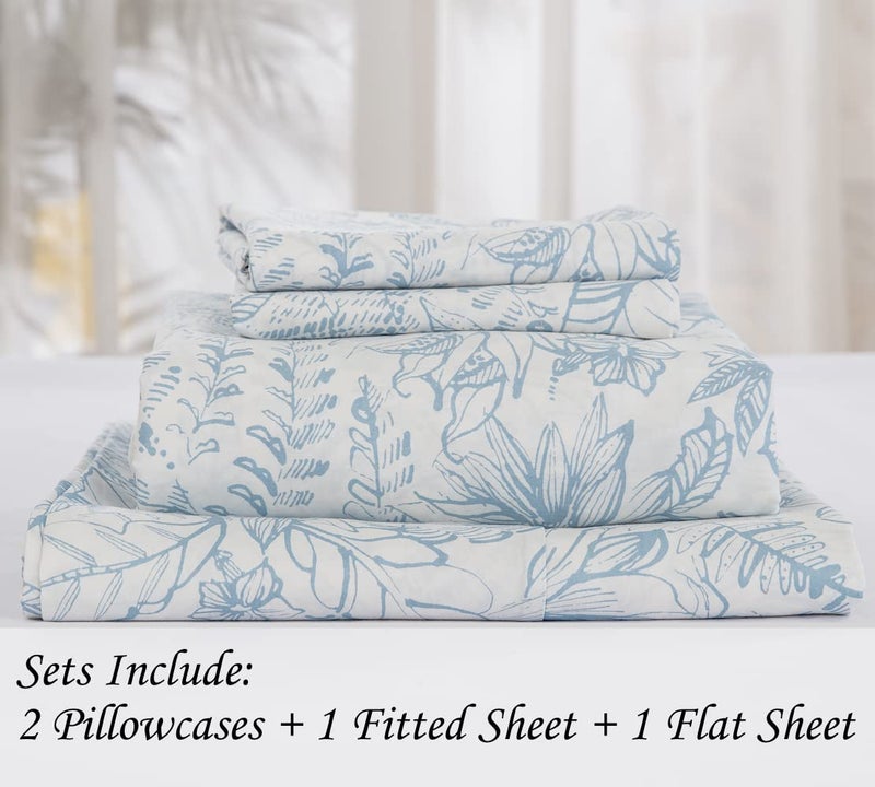 DAUAOTO Cotton Sheets Set Queen Size 4 Pieces Flower Bedding Sets, Aqua Blue Floral Pattern, Up to 14" Deep - Image 2