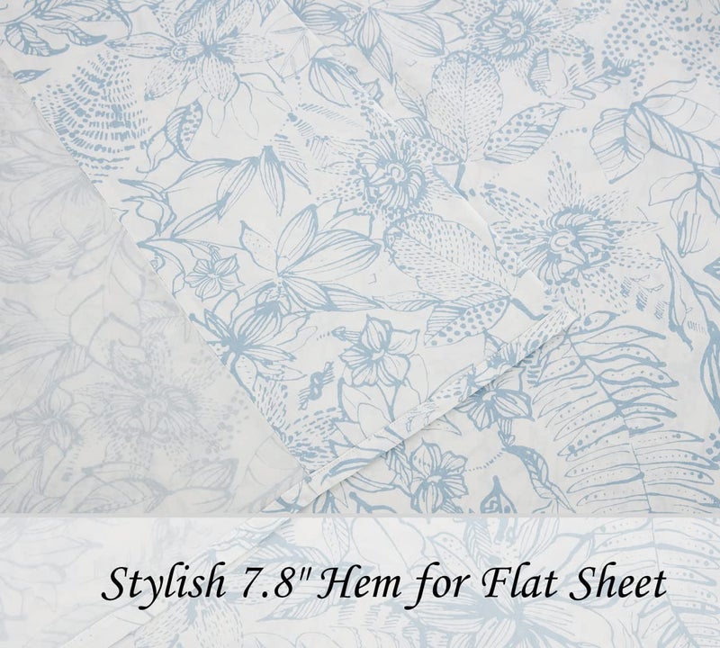 DAUAOTO Cotton Sheets Set Queen Size 4 Pieces Flower Bedding Sets, Aqua Blue Floral Pattern, Up to 14" Deep - Image 4