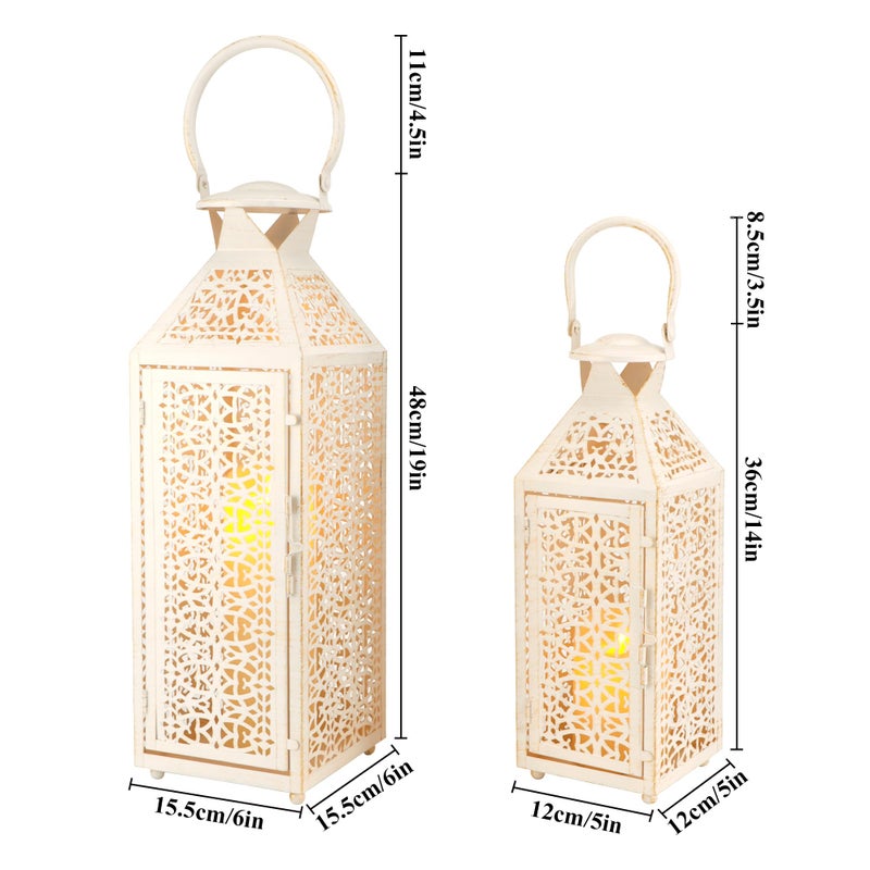JHY DESIGN Set of 2 Vintage Candle Lanterns 19"&14''H Decorative Metal Candle Holders with Hollow Pattern for Garden Porch Shelf Indoor Outdoor Parties Weddings Patio(White Brushed Gold) - Image 3