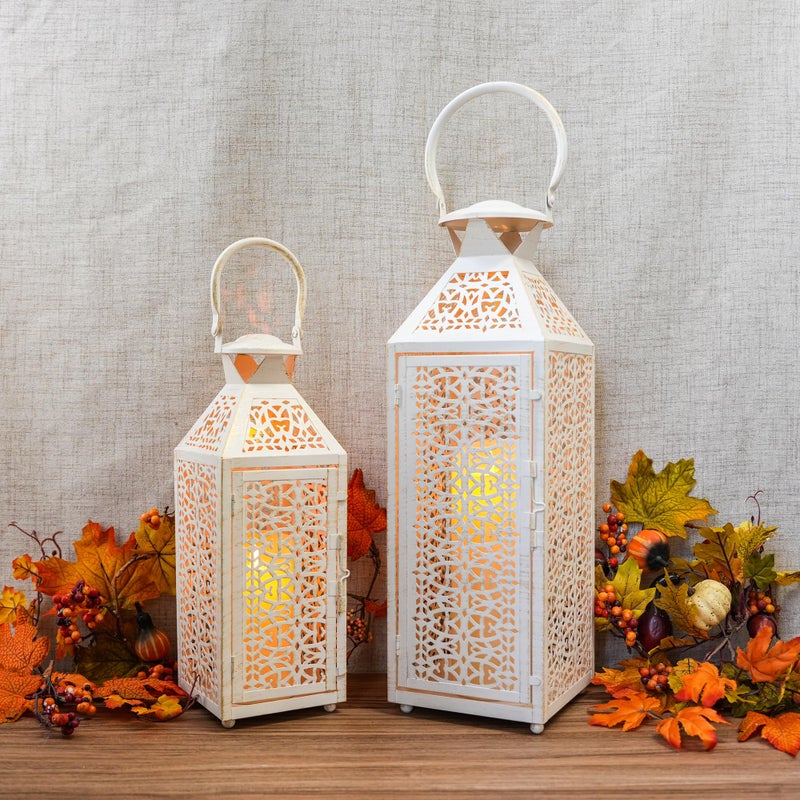 JHY DESIGN Set of 2 Vintage Candle Lanterns 19"&14''H Decorative Metal Candle Holders with Hollow Pattern for Garden Porch Shelf Indoor Outdoor Parties Weddings Patio(White Brushed Gold) - Image 5