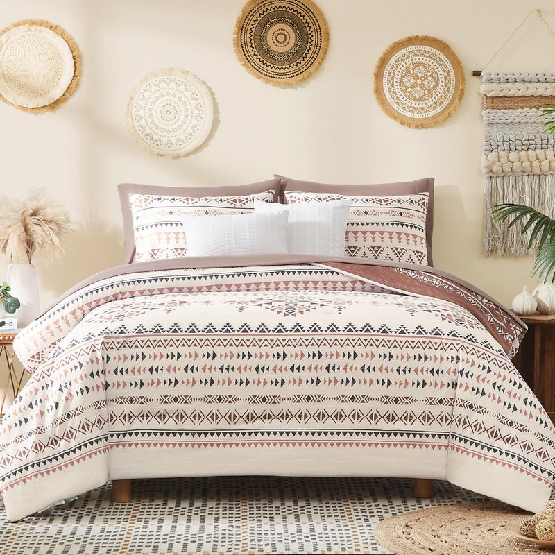 Geniospin Queen Comforter Set, Boho Aztec Comforter Set 7 Pieces,Burgundy All Season Reversible Bed in A Bag, Soft Microfiber Fill Bedding, Lightweight, Warm and Breathable (Queen, 90"x90") - Image 1