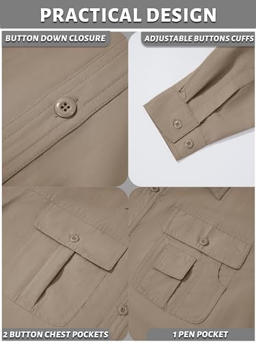 TACVASEN Men's Convertible Long Sleeve Fishing Shirts Tactical Work Shirts for Construction Cargo Collar Workwear Khaki, M - Image 4